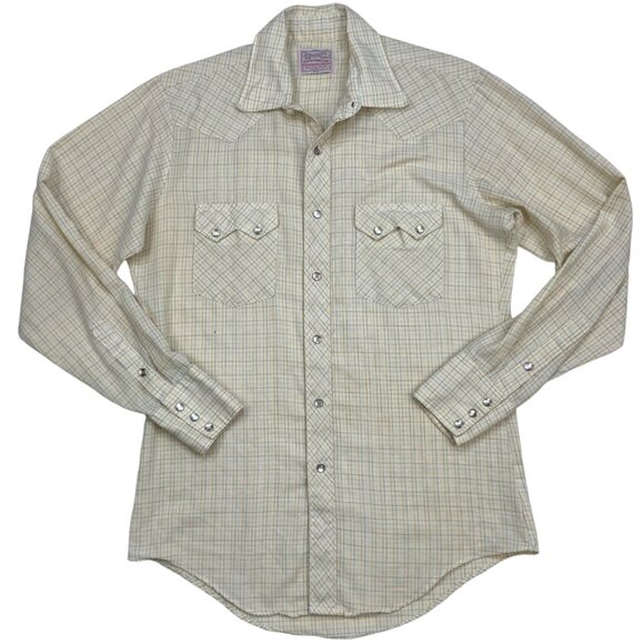 H Bar C Ranchwear Western Shirt 15 Long Tail Long Sleeve Cream Plaid Pearl Snap - Picture 1 of 13